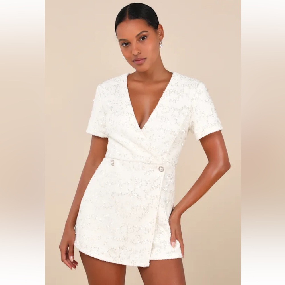 Glittering Charisma Cream Sequin Tweed Short Sleeve Skort Romper